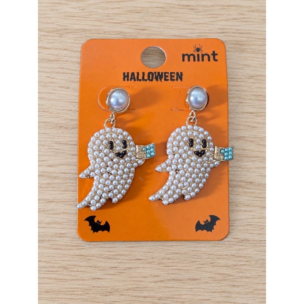 Halloween Ghost Faux Pearl Drop Earrings Gold Tone Boo Sign Novelty Jewelry NWT